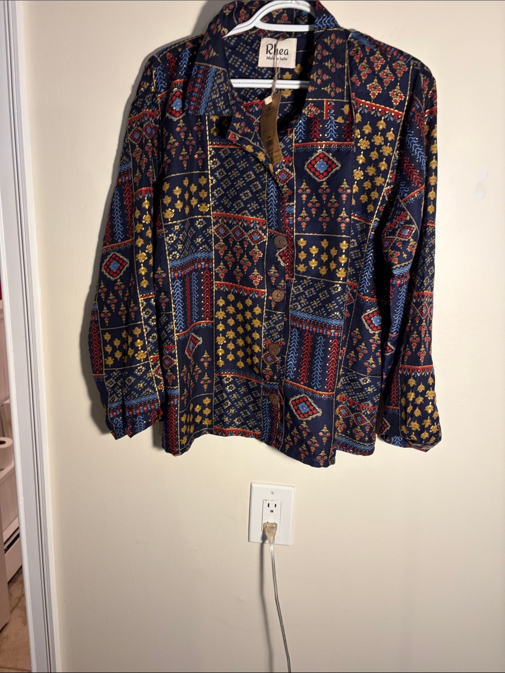 Navy Multi-Pattern Button Front Blouse